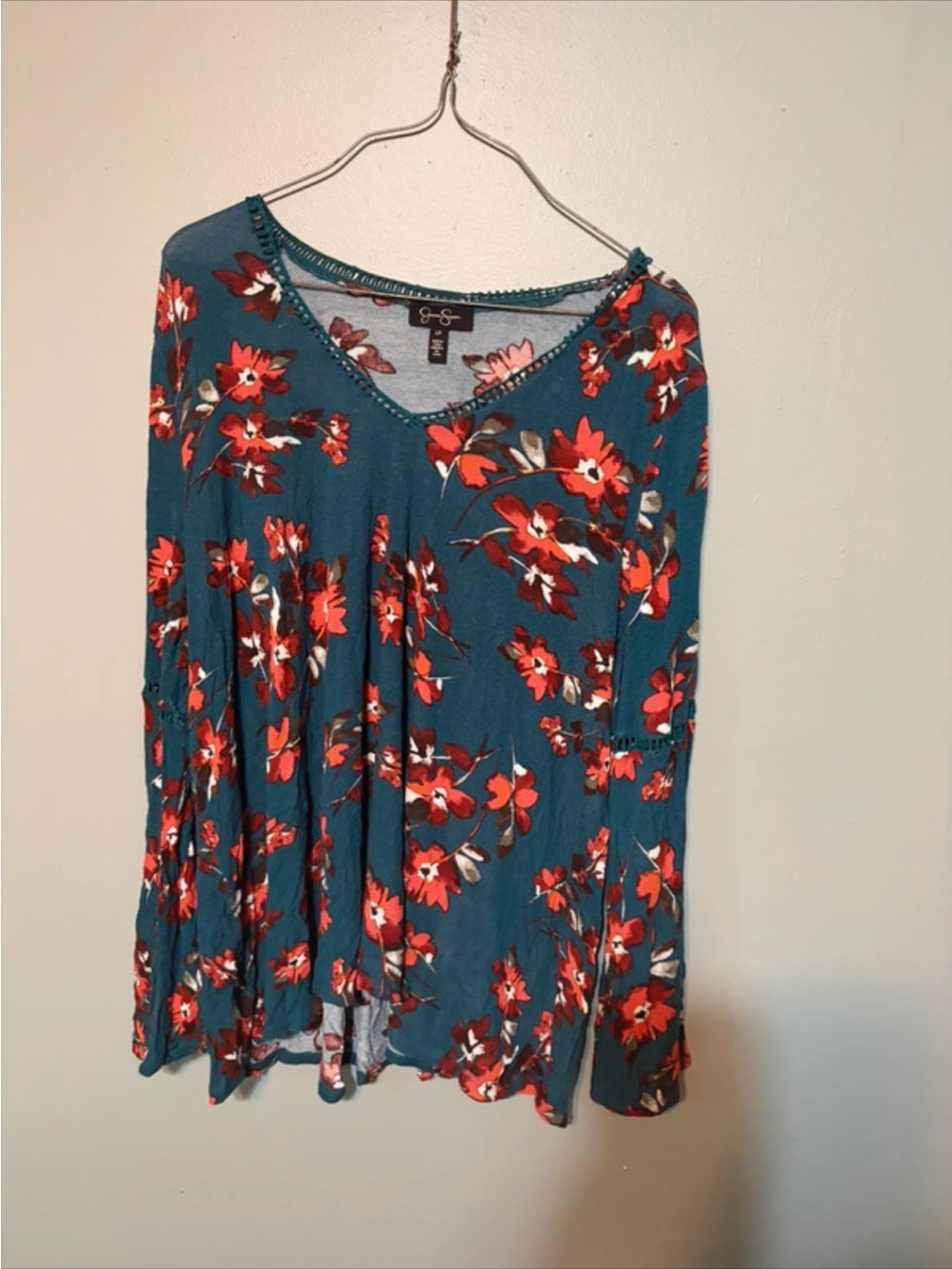 Jessica Simpson Teal Floral V-Neck Long Sleeve Tunic - Red Floral